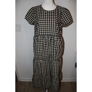 Tradlands Gingham Chalet Tiered Midi Dress Black Cream Cotton Linen Size Small